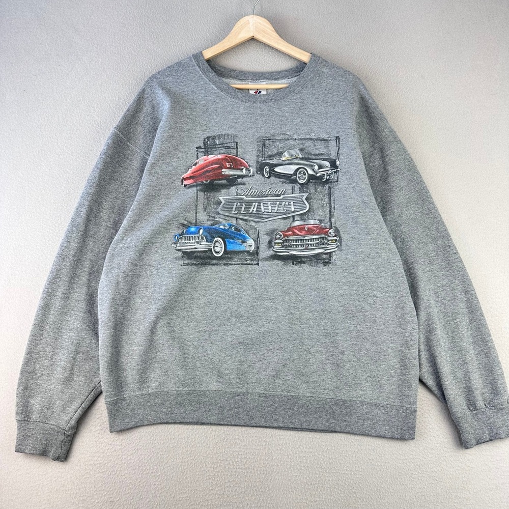 Vintage Jerzees Sweatshirt Men XL‎ Gray Cars American Classics 90s Crewneck Y2K